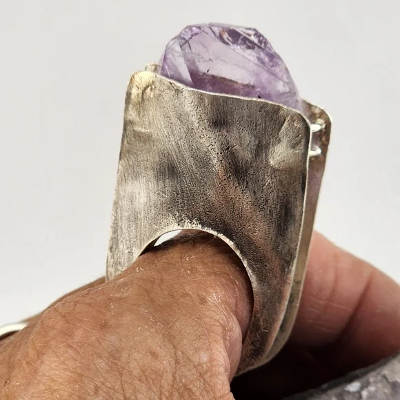 RAW AMETHYST STONE STATEMENT RING HANDMADE IN STERLING SILVER METAL SIZE 9